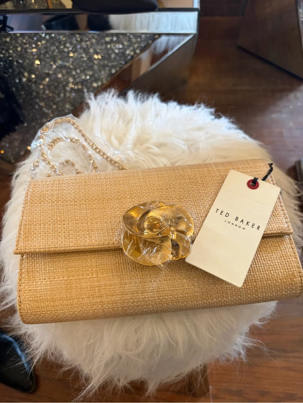 Ted Baker Gold-Tone Raffia Flower-Accent Clutch with Chain Strap